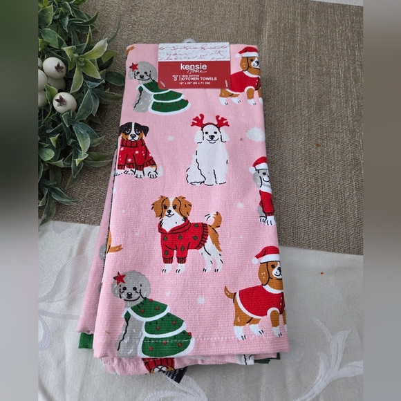 Kensie Other - Kensie Holiday Dog Print Kitchen Towels - Pink and Red